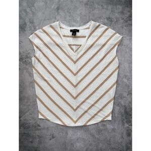 White House Black Market Chevron Stripe V Neck Tee White Tan XS Cap Sleeve